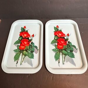 Vintage MCM Set-2 Rose Floral Print Tin Metal Lap Serving Tray, Light Blue 14x9.